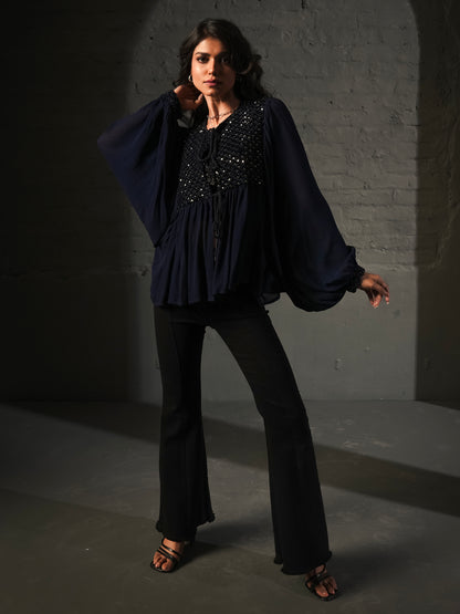 Arianna Dark Navy Velvet Sequin Panel throw-on tie Blouse