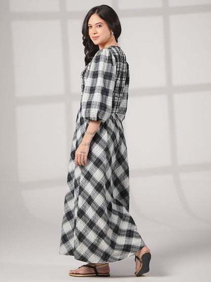 Nella Black and White Check Smocked Midi Dress 