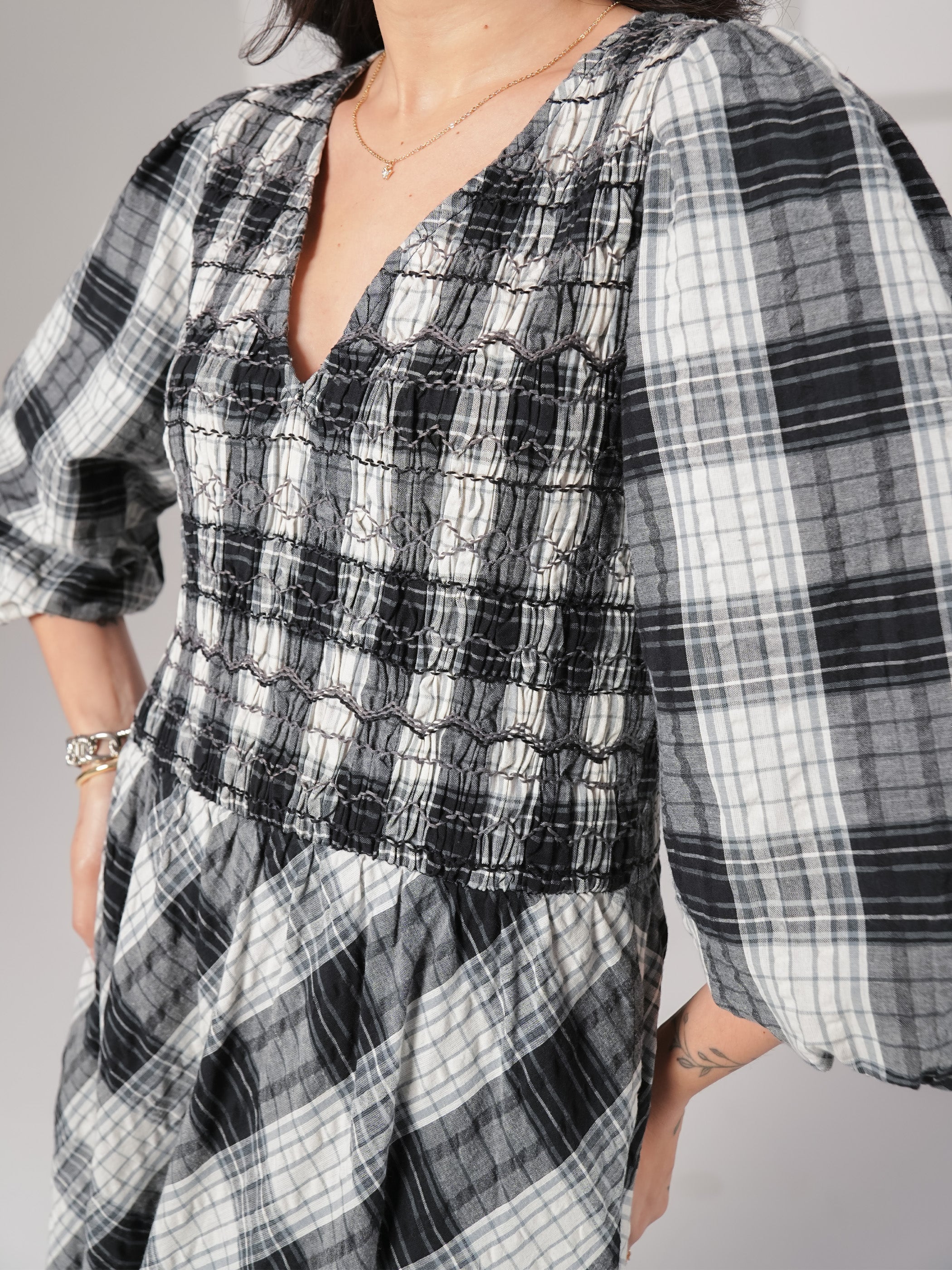 Nella Black and White Check Smocked Midi Dress 