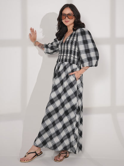 Nella Black and White Check Smocked Midi Dress 