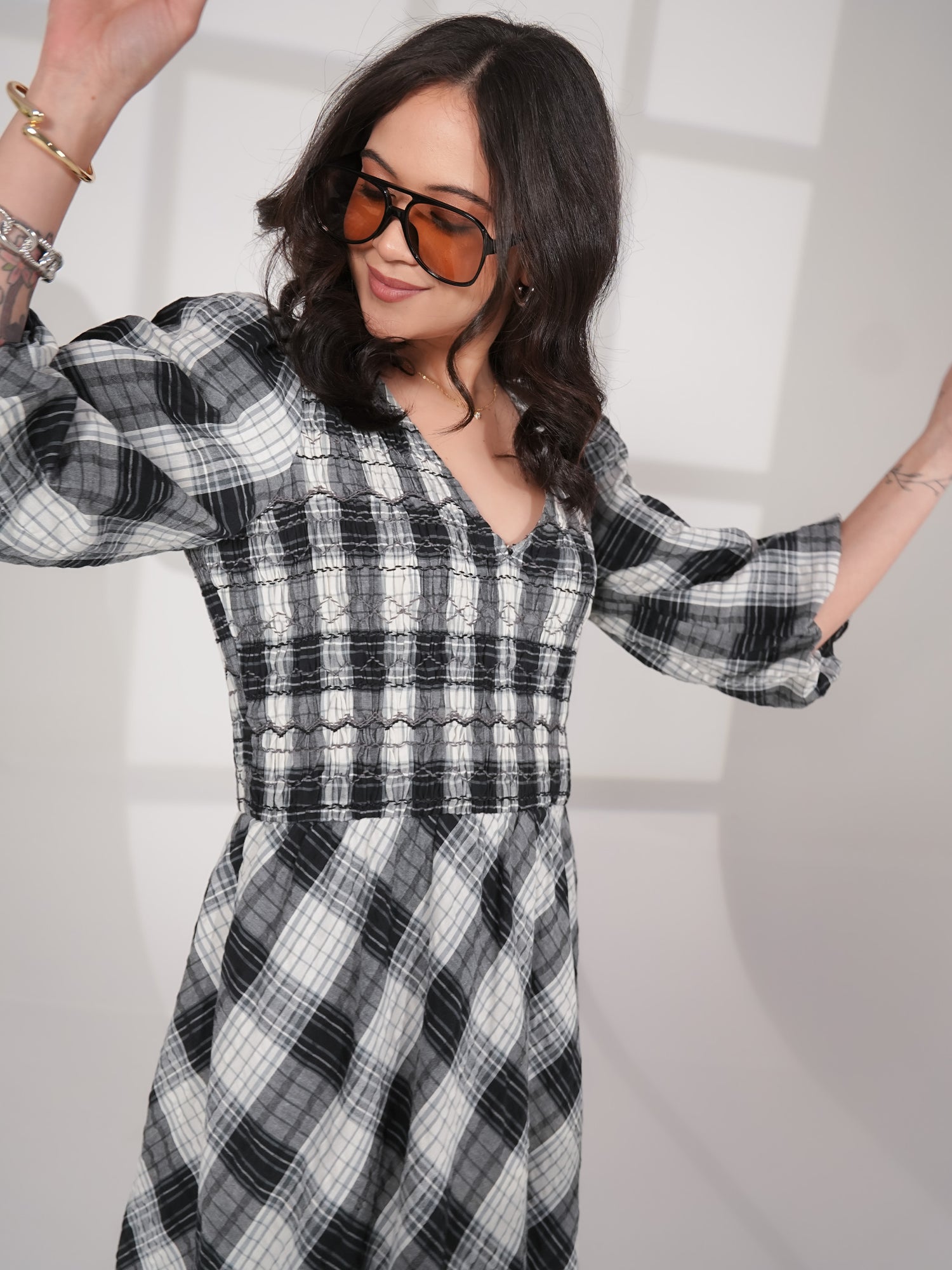 Nella Black and White Check Smocked Midi Dress 