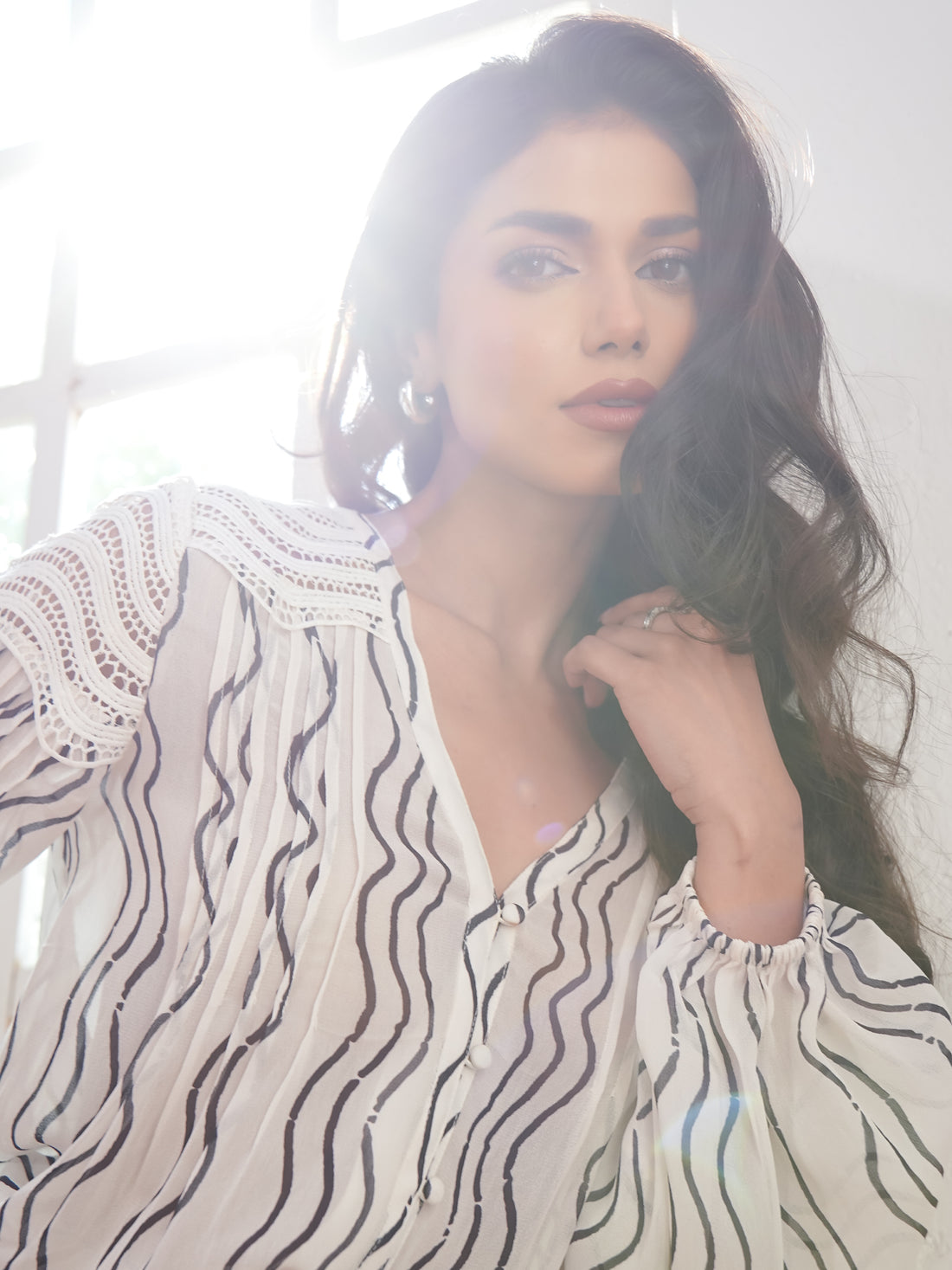 Corinne Cream Waves Print Lace Trim Blouse