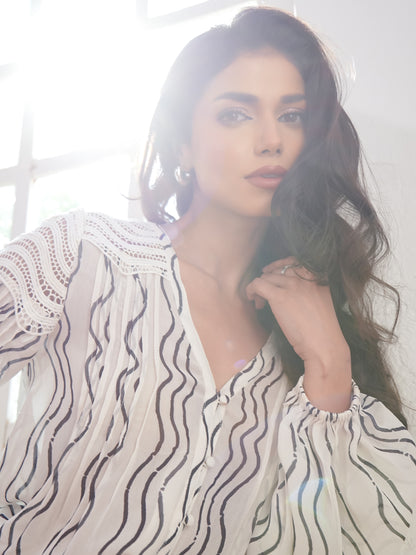 Corinne Cream Waves Print Lace Trim Blouse