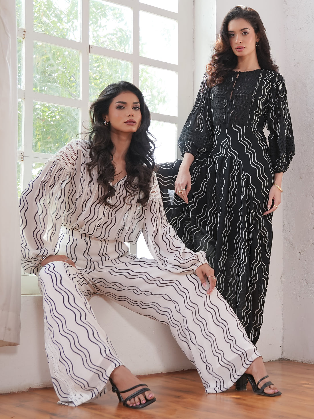 Corinne Cream Waves Print Lace Trim Wide Leg Trousers