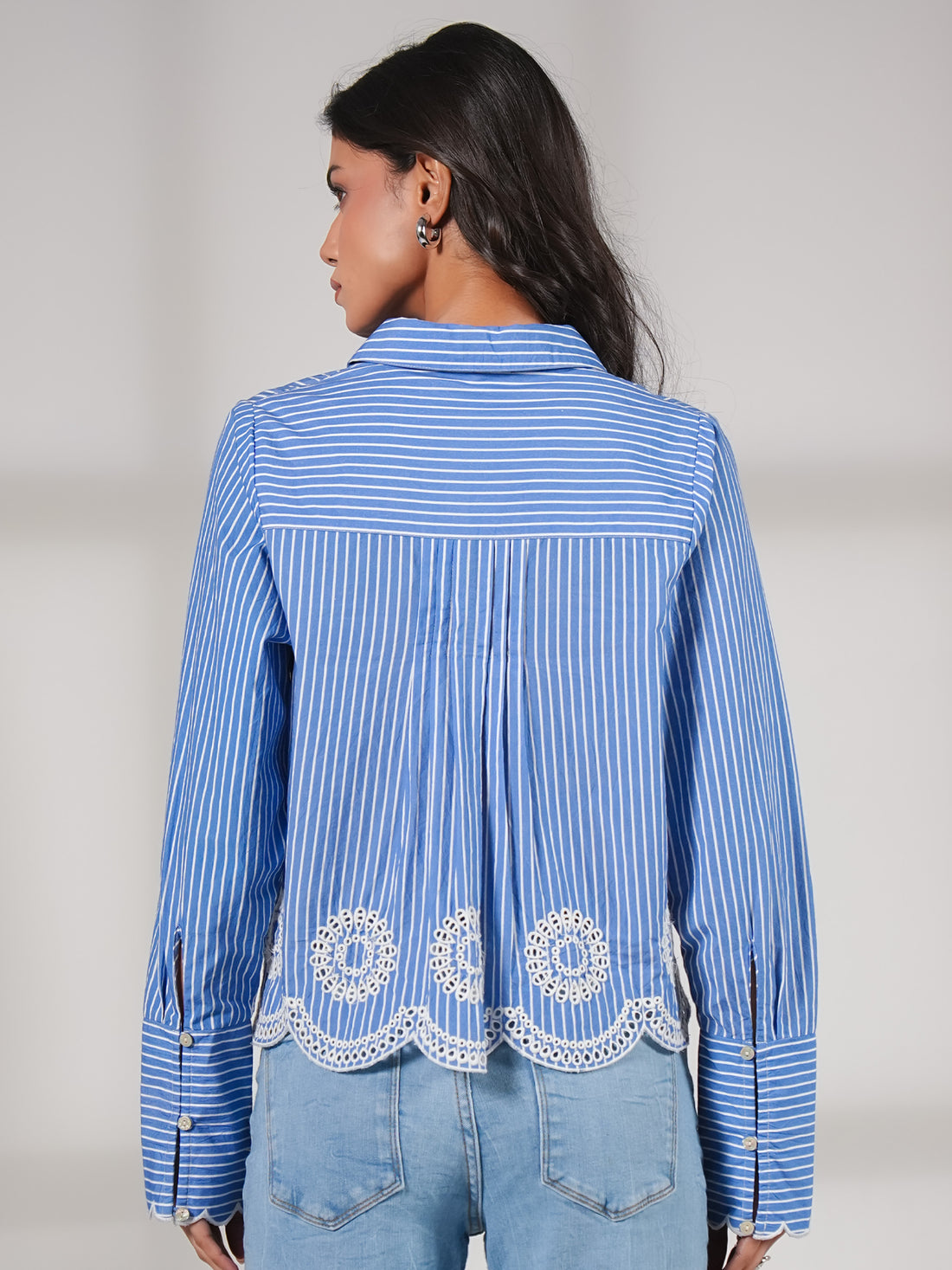 Leonie Embroidery Hem Blue Stripe Shirt