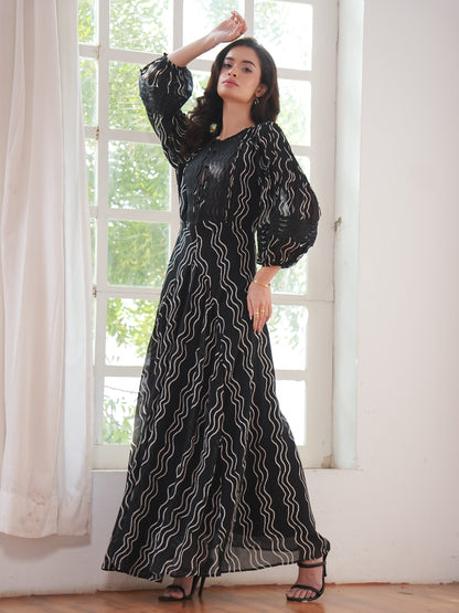 Corinne Black and White Waves Print Lace Trim Maxi Dress