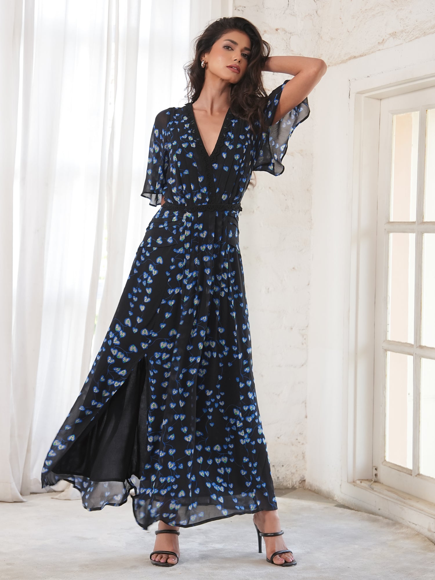 Pippa Black Blue Floral Lace trim Maxi Dress
