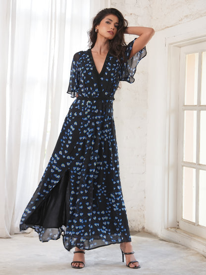 Pippa Black Blue Floral Lace trim Maxi Dress