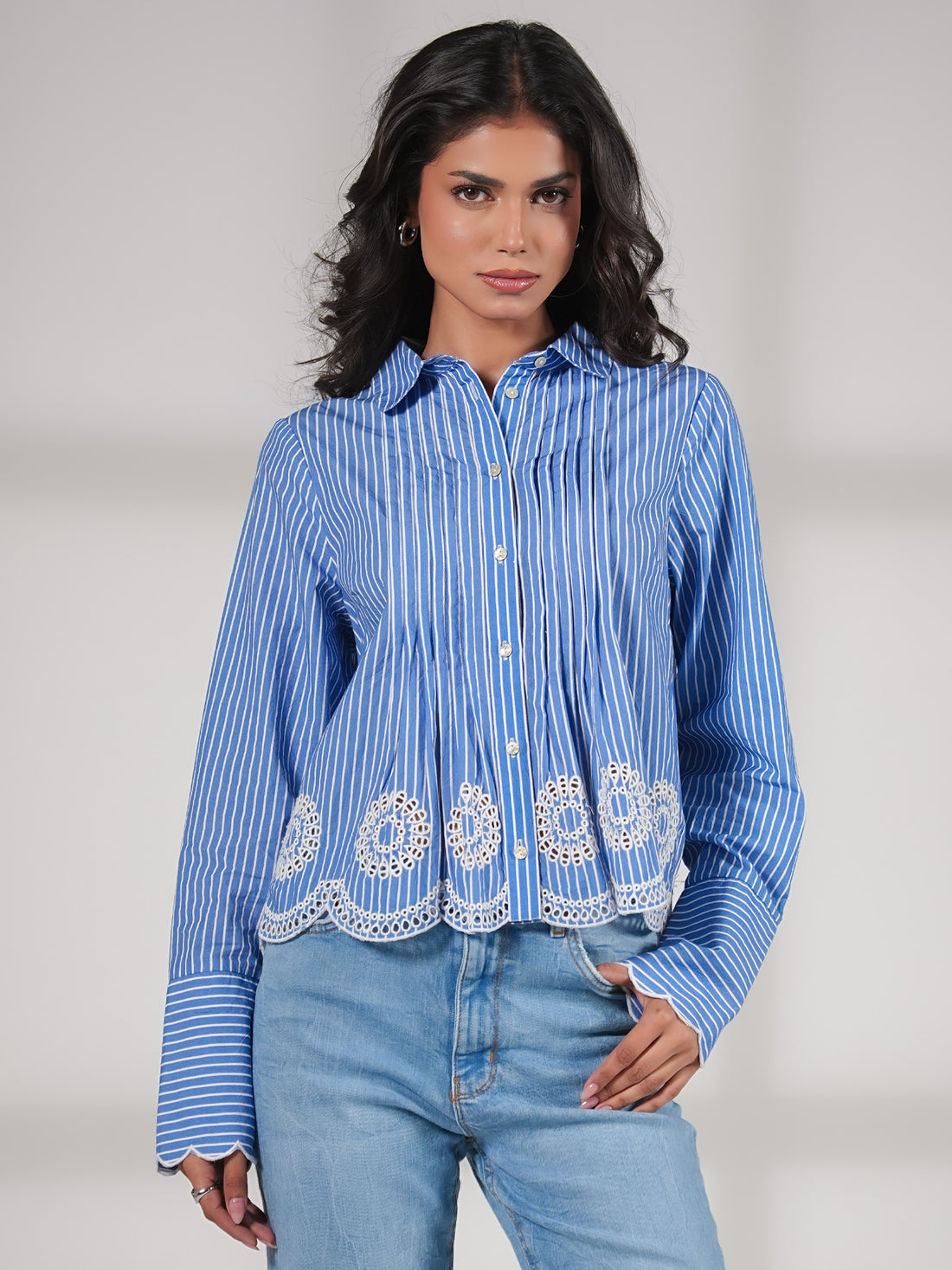 Leonie Embroidery Hem Blue Stripe Shirt