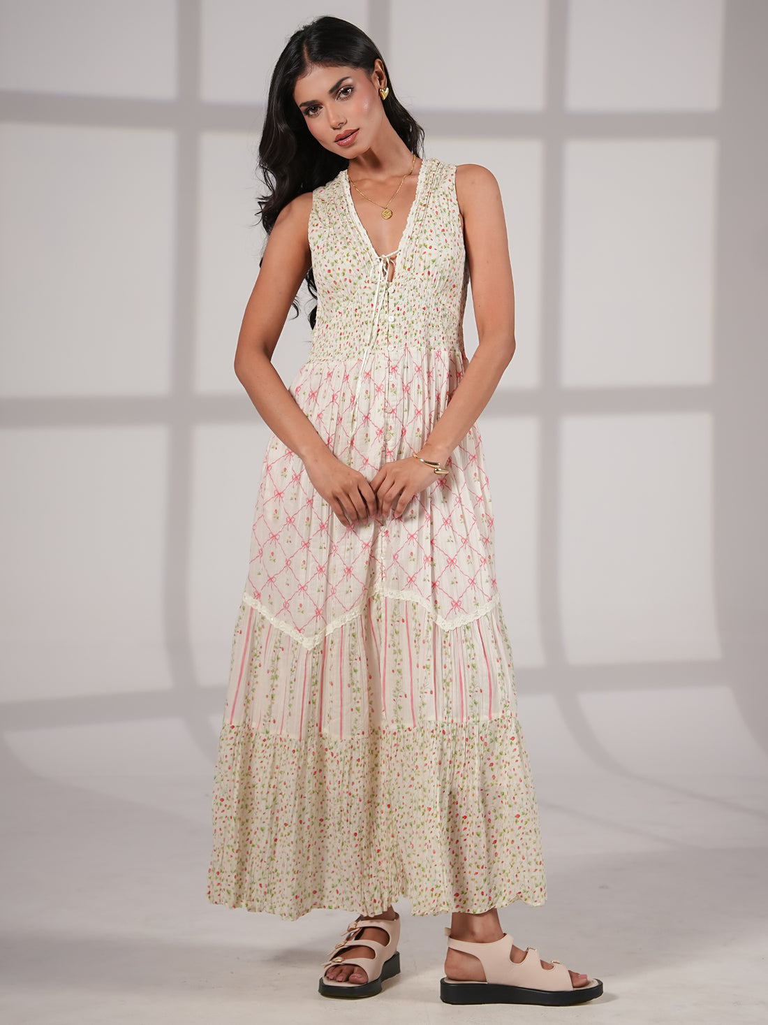 Iris Strawberry Print Mix Cotton Crinkle Maxi Dress