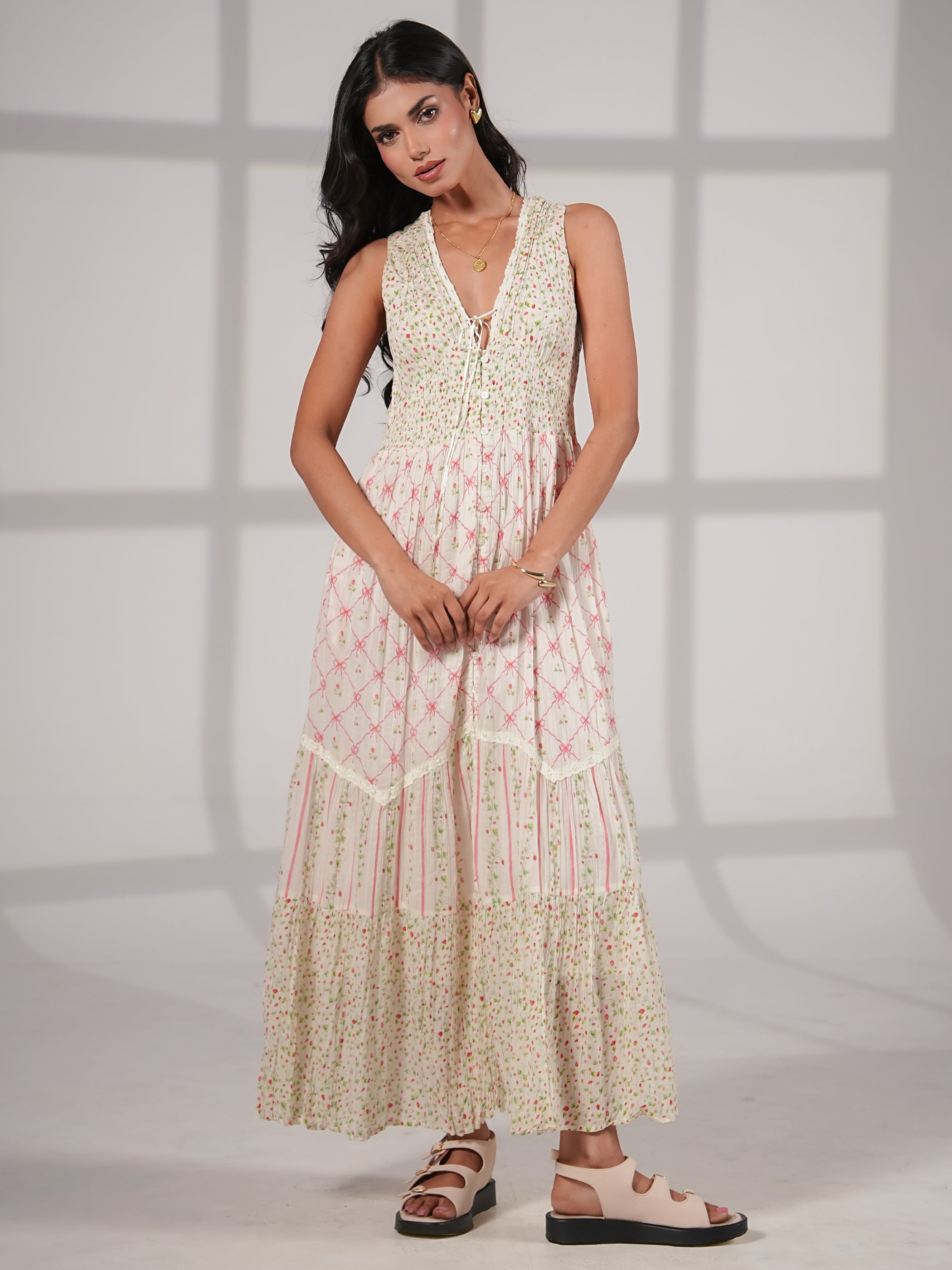 Iris Strawberry Print Mix Cotton Crinkle Maxi Dress