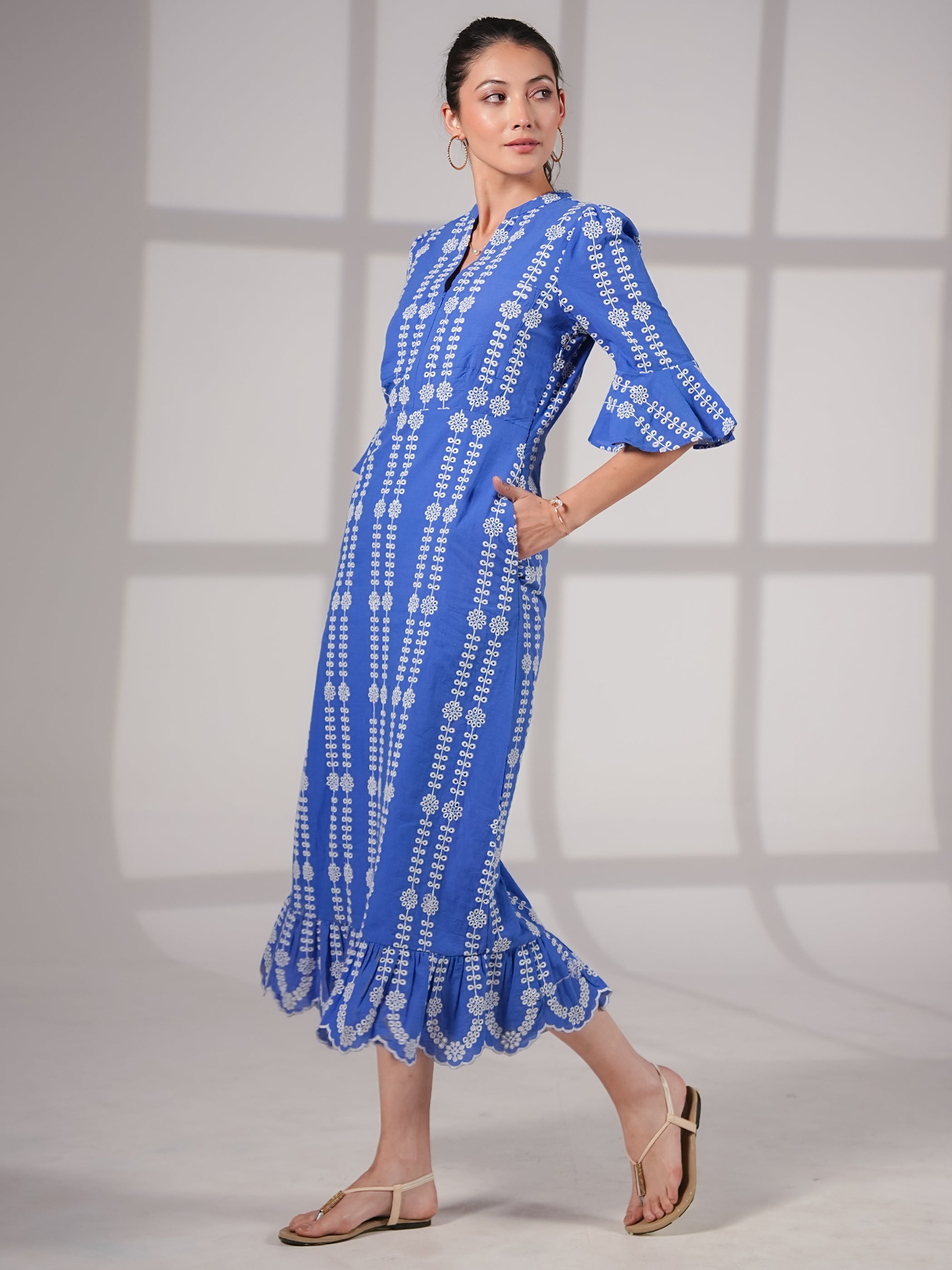 Cat Blue Cotton Broderie Midi Dress