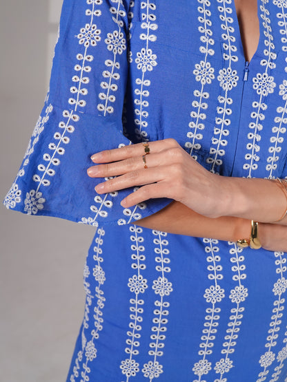 Cat Blue Cotton Broderie Midi Dress