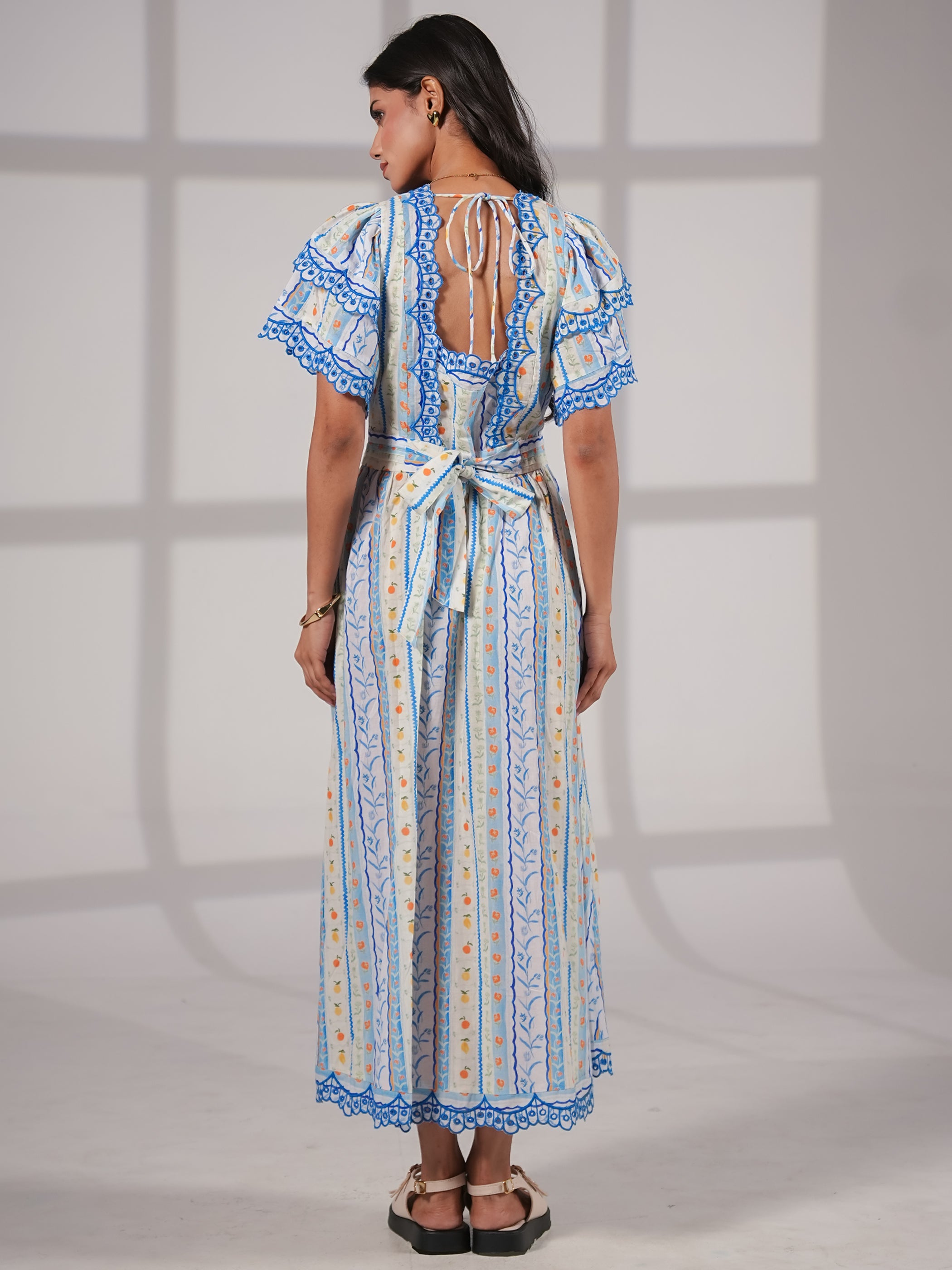 Bella Blue An White Ditsy Print Embroidered Midi Dress