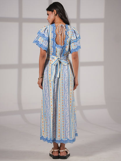 Bella Blue An White Ditsy Print Embroidered Midi Dress