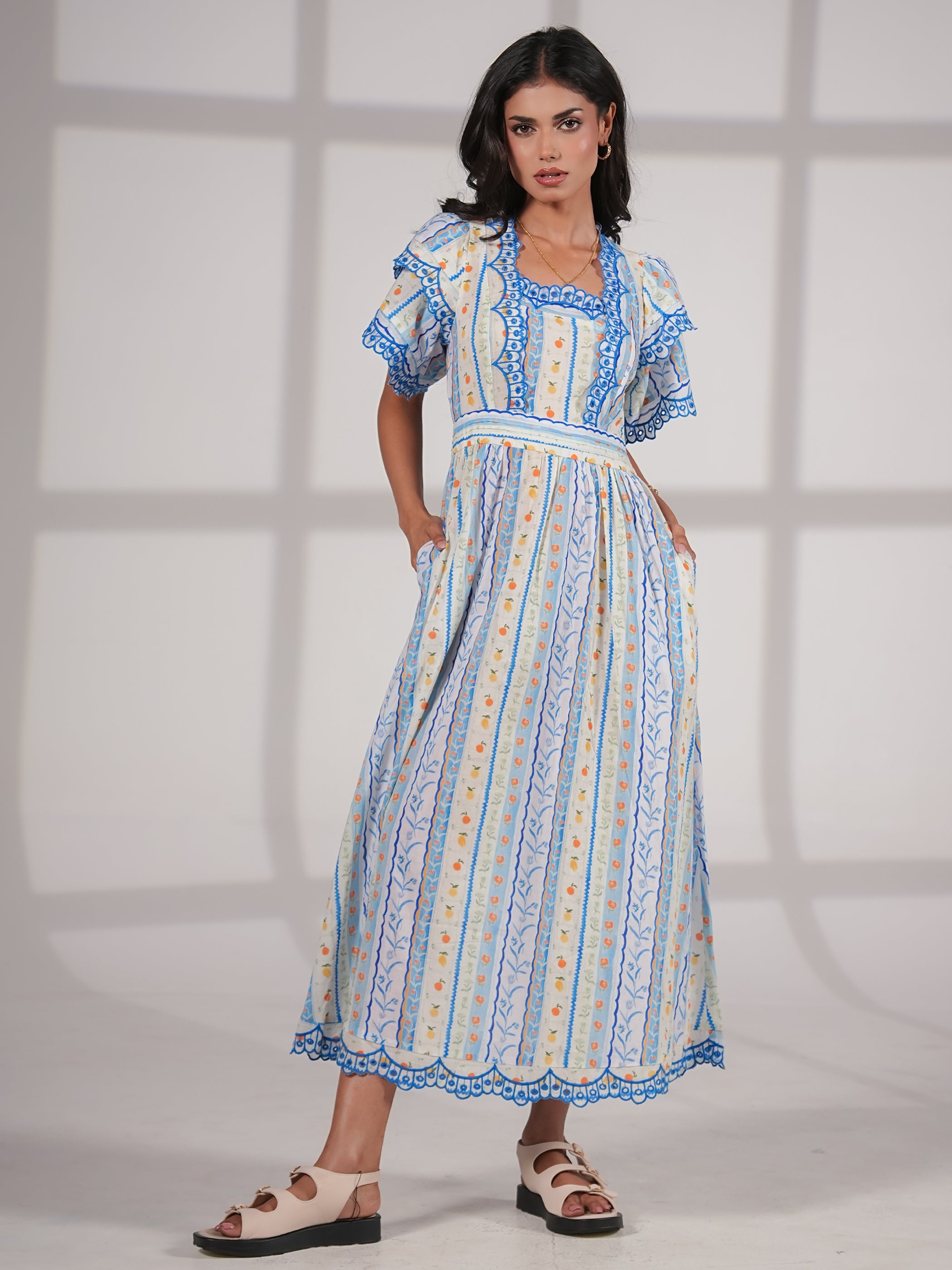 Bella Blue An White Ditsy Print Embroidered Midi Dress
