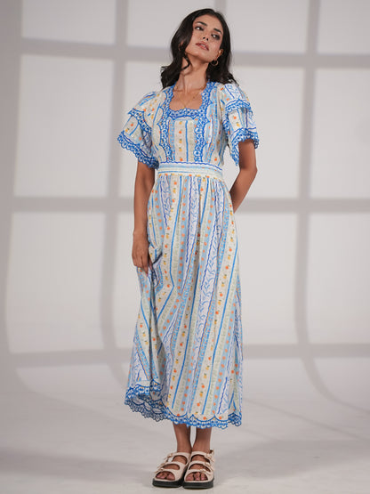 Bella Blue An White Ditsy Print Embroidered Midi Dress