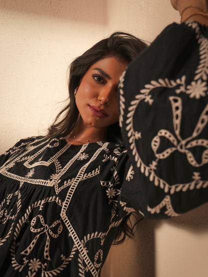Charlie Black and ivory Bow embroidered Long Sleeve Blouse
