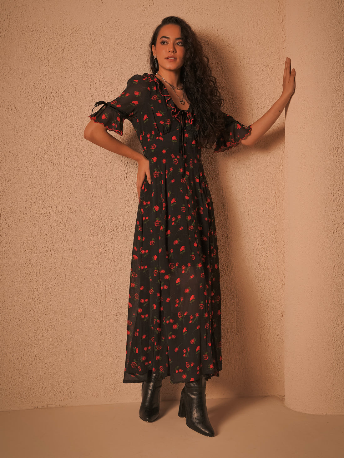 Toni Rose Print Velvet Tie Maxi Dress 