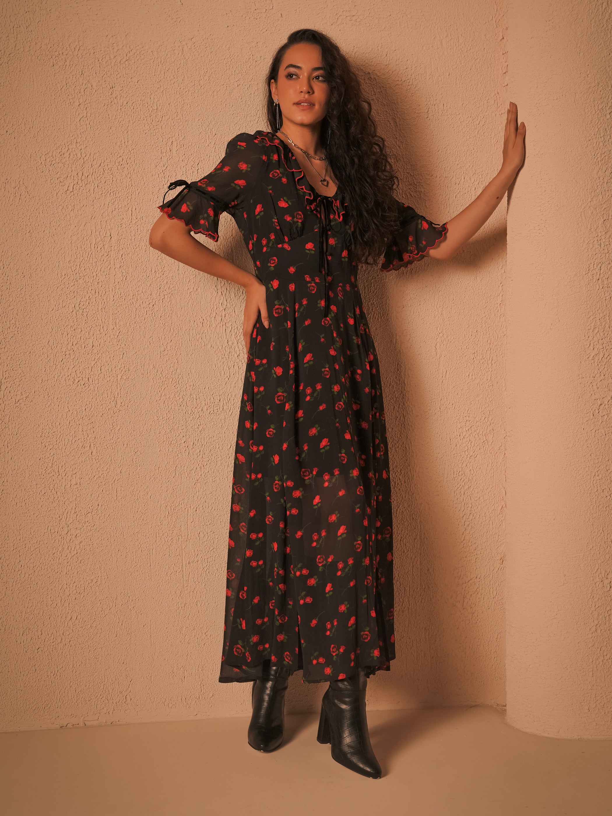Toni Rose Print Velvet Tie Maxi Dress 