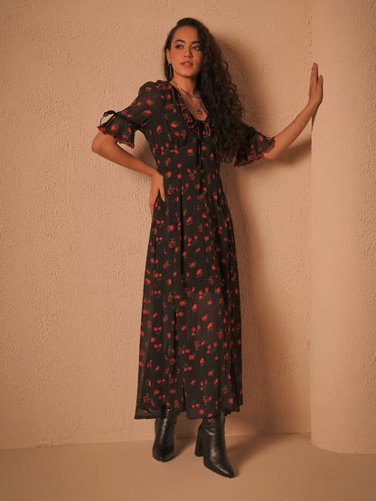 Toni Rose Print Velvet Tie Maxi Dress 