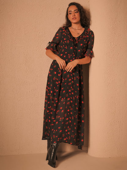 Toni Rose Print Velvet Tie Maxi Dress 