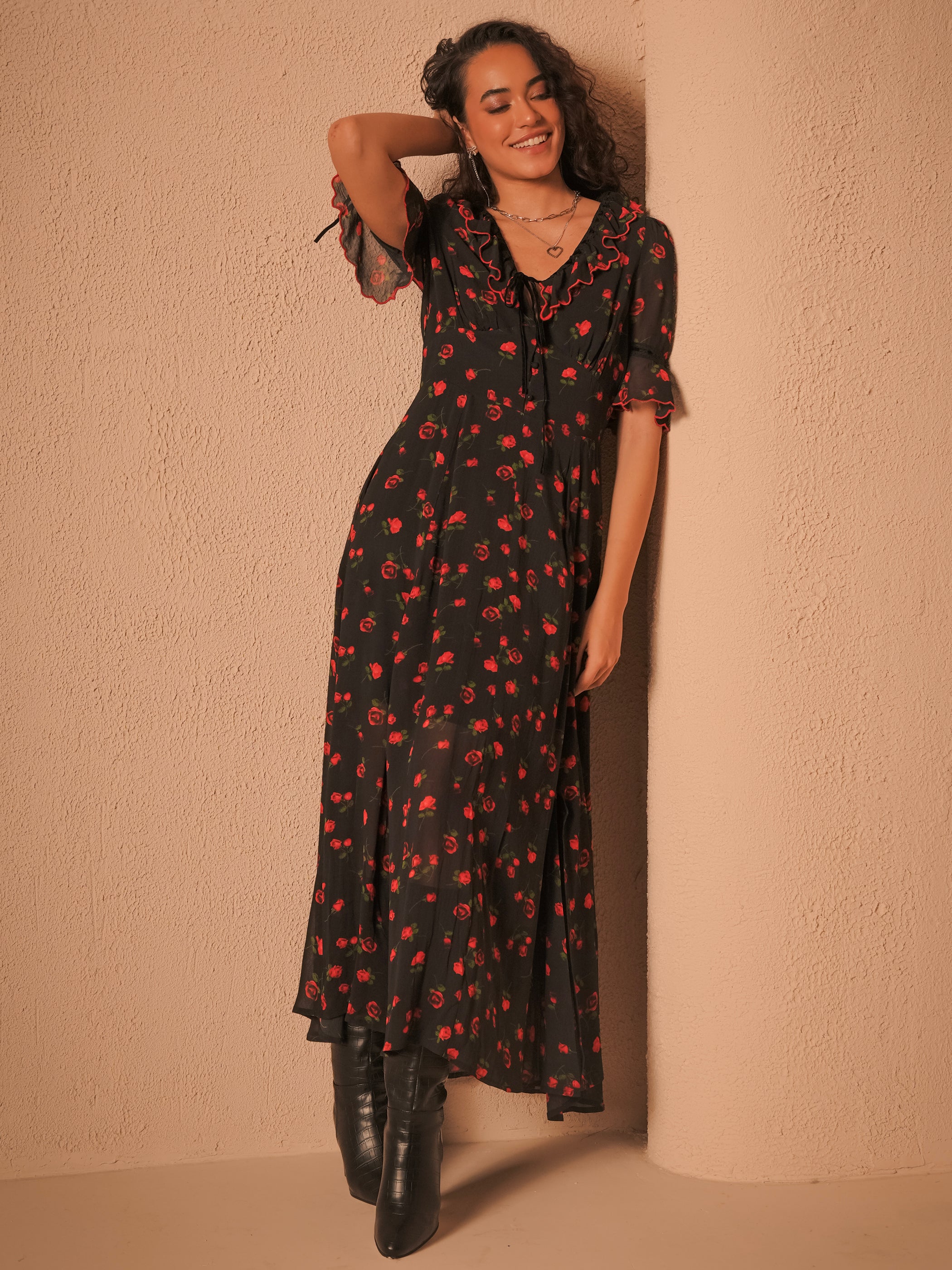 Toni Rose Print Velvet Tie Maxi Dress 