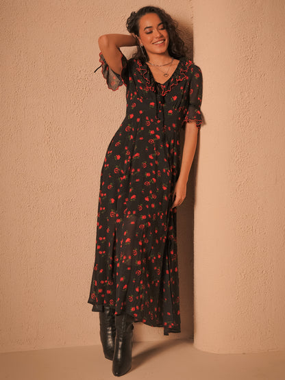 Toni Rose Print Velvet Tie Maxi Dress 