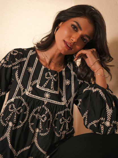 Charlie Black and ivory Bow embroidered Long Sleeve Blouse
