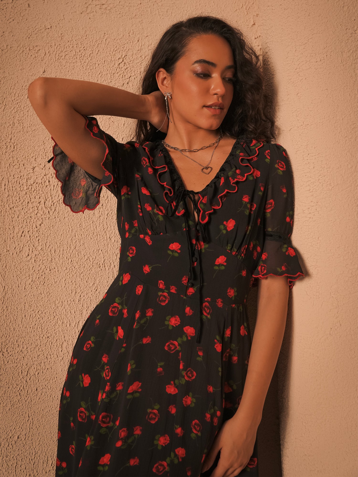 Toni Rose Print Velvet Tie Maxi Dress 