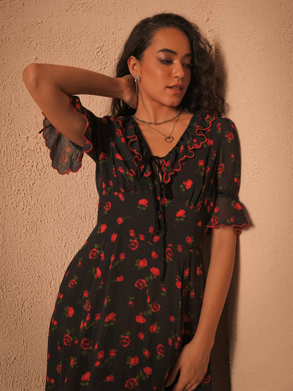 Toni Rose Print Velvet Tie Maxi Dress 