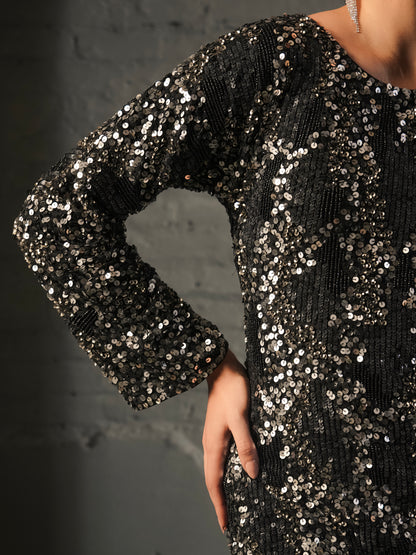 Eden Hand Beaded Black and Silver Mini Dress