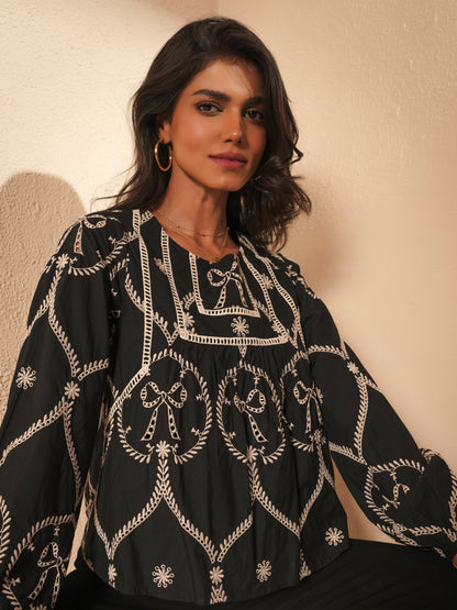 Charlie Black and ivory Bow embroidered Long Sleeve Blouse