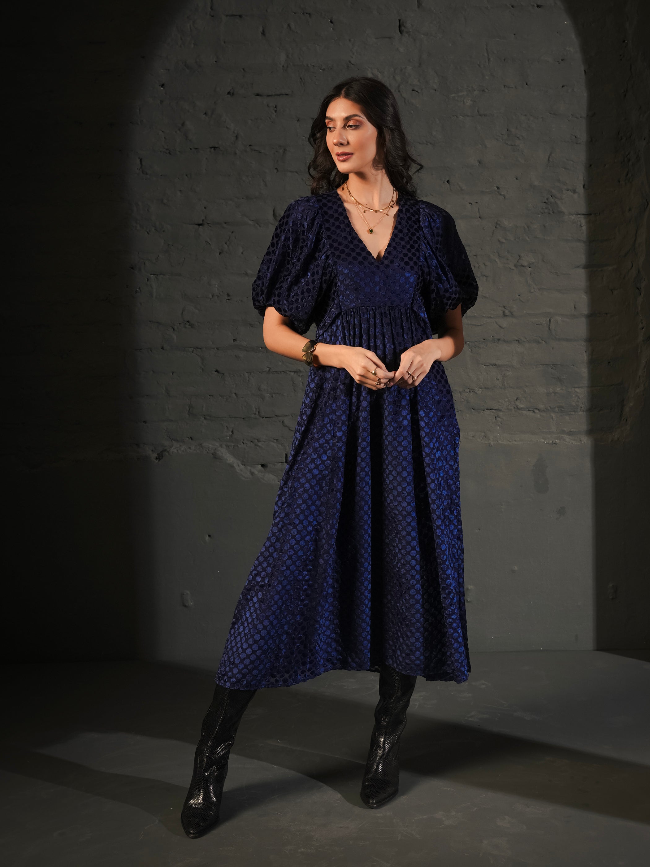 Margot Navy Velvet Spot Maxi Dress