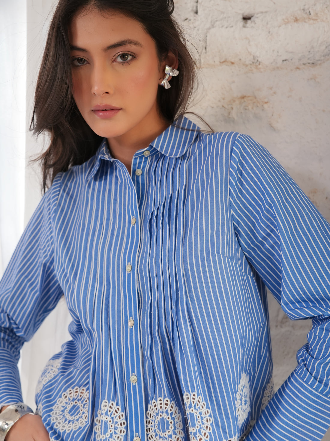 Leonie Embroidery Hem Blue Stripe Shirt