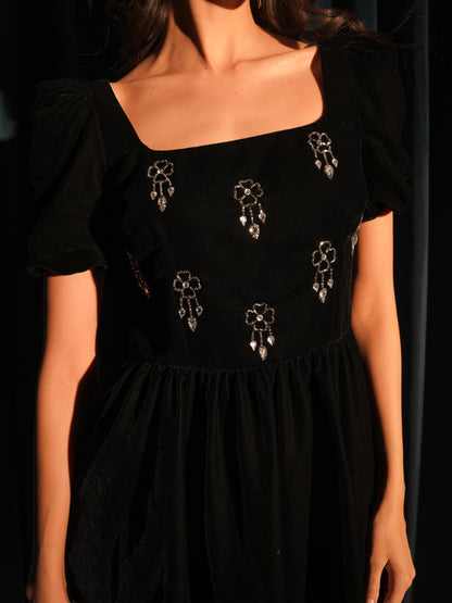Jolene Black Hand Embellished Square Neck Velvet Mini Dress