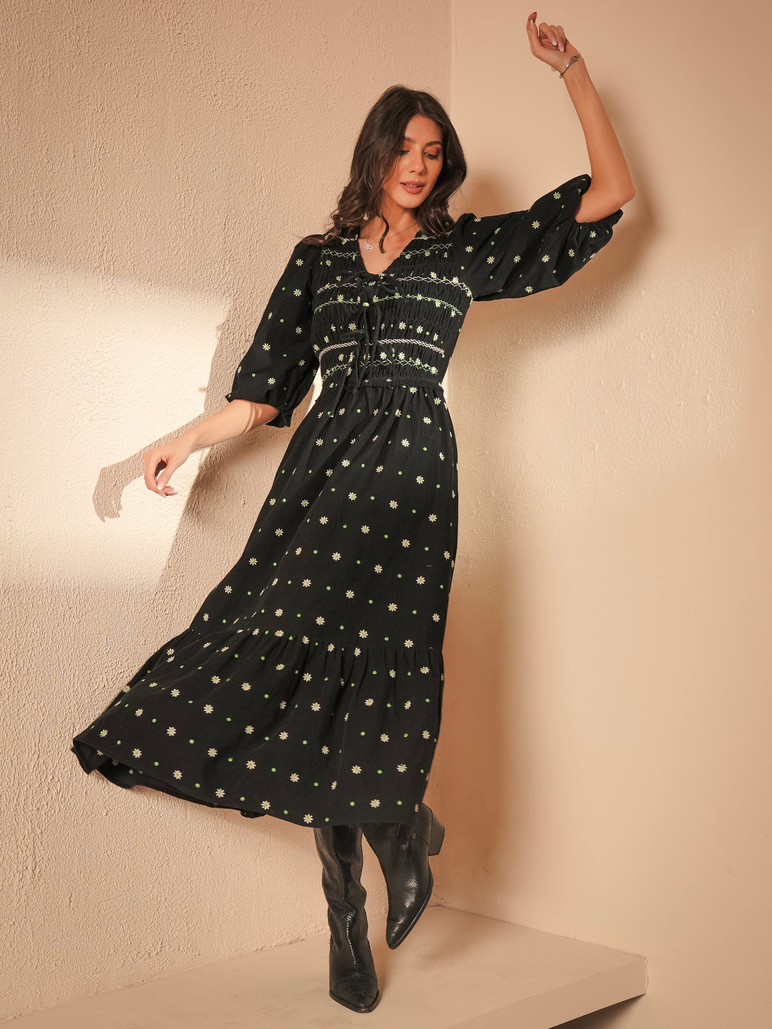 Eddie Black Cord Embroidered Polka Dot Maxi Dress M Eddie Black Cord Embroidered Polka Dot Maxi Dress M