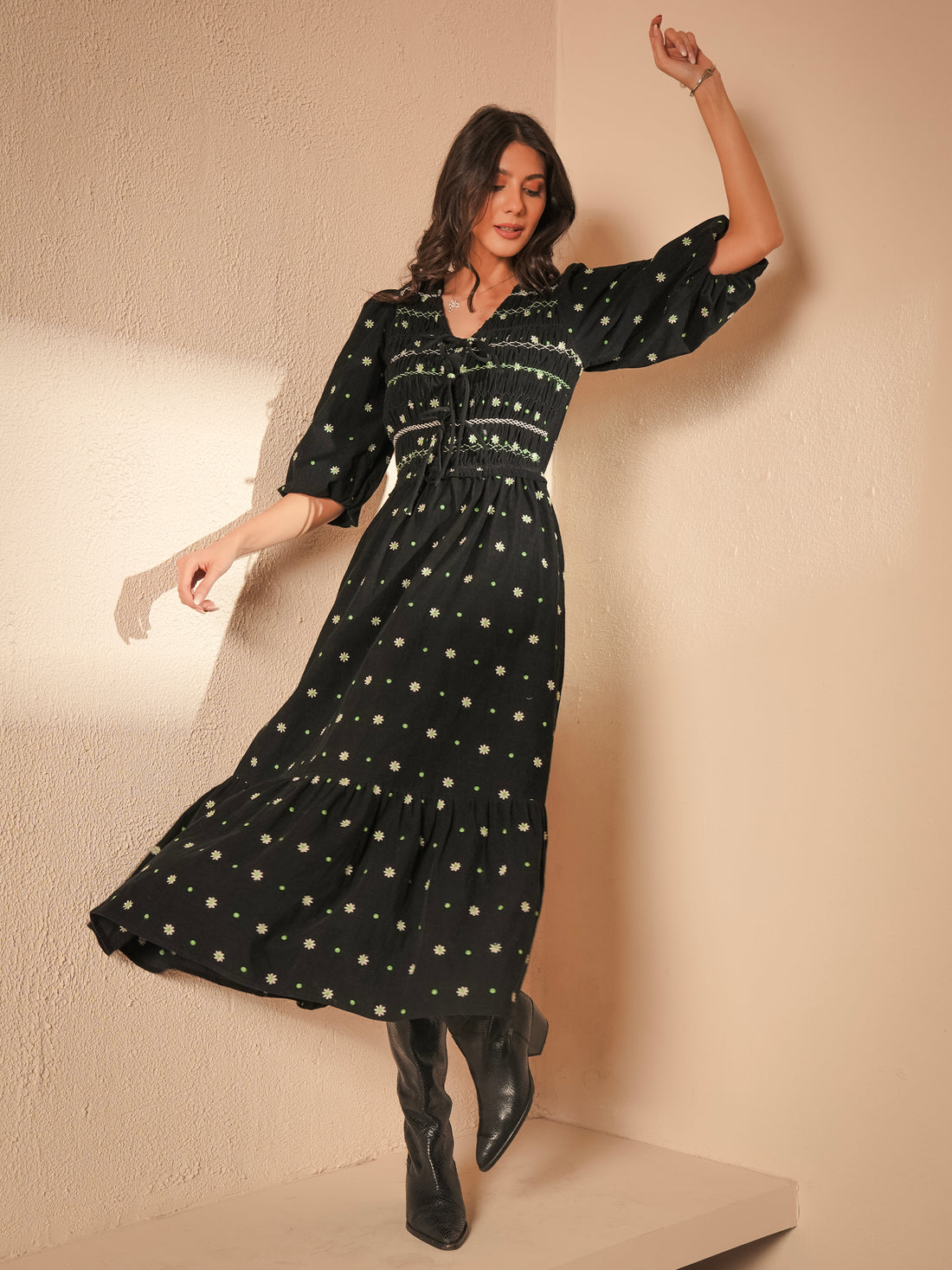 Eddie Black Cord Embroidered Polka Dot Maxi Dress