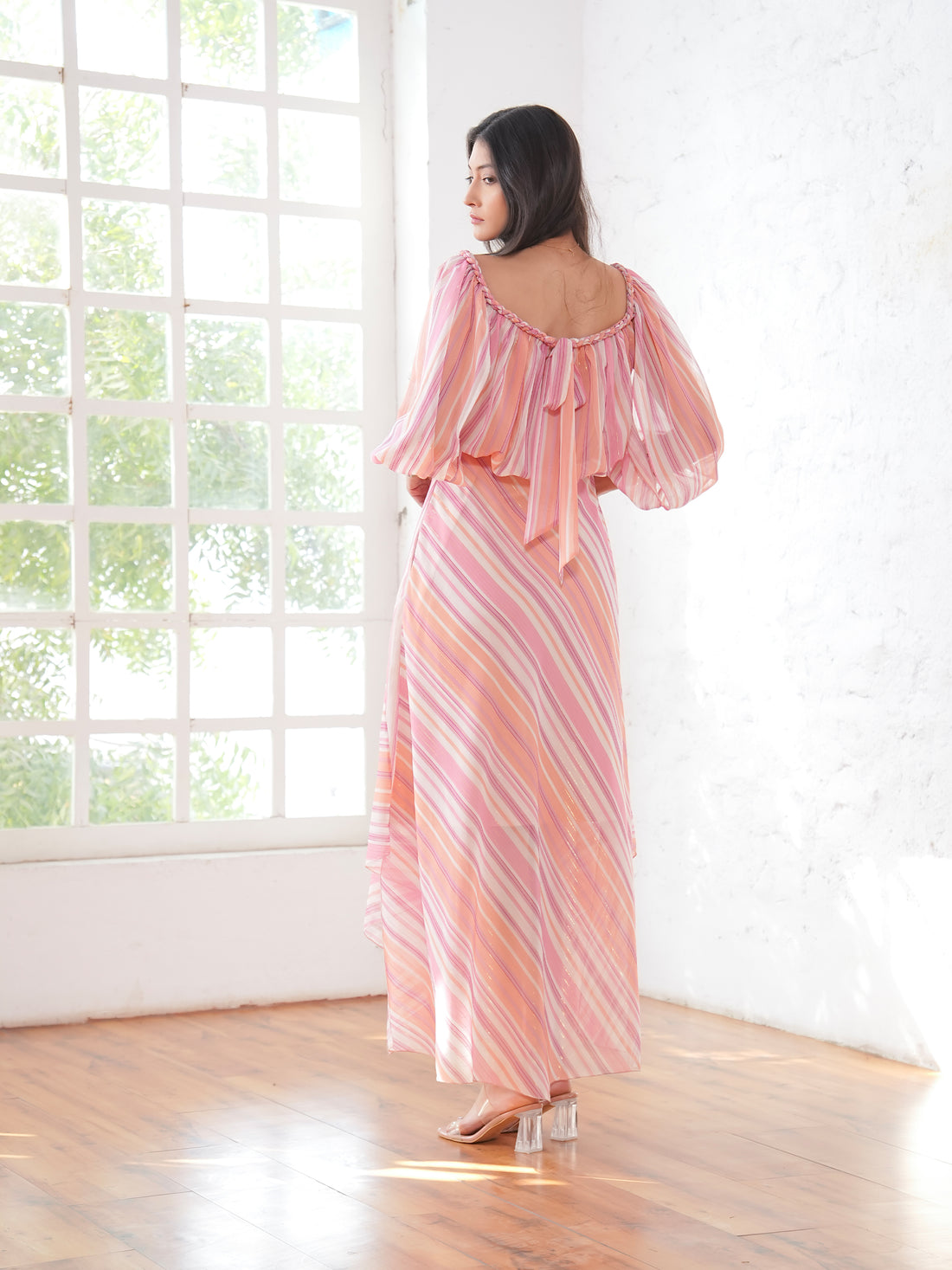 Lila Pink Coral Metallic Stripe Asymetric Haxi Dress