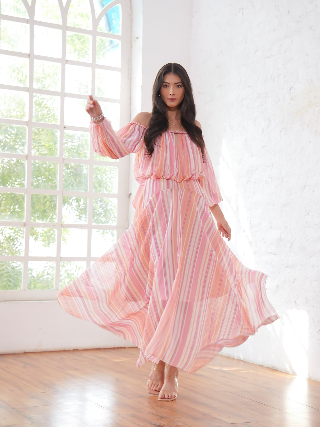 Lila Pink Coral Metallic Stripe Asymetric Haxi Dress