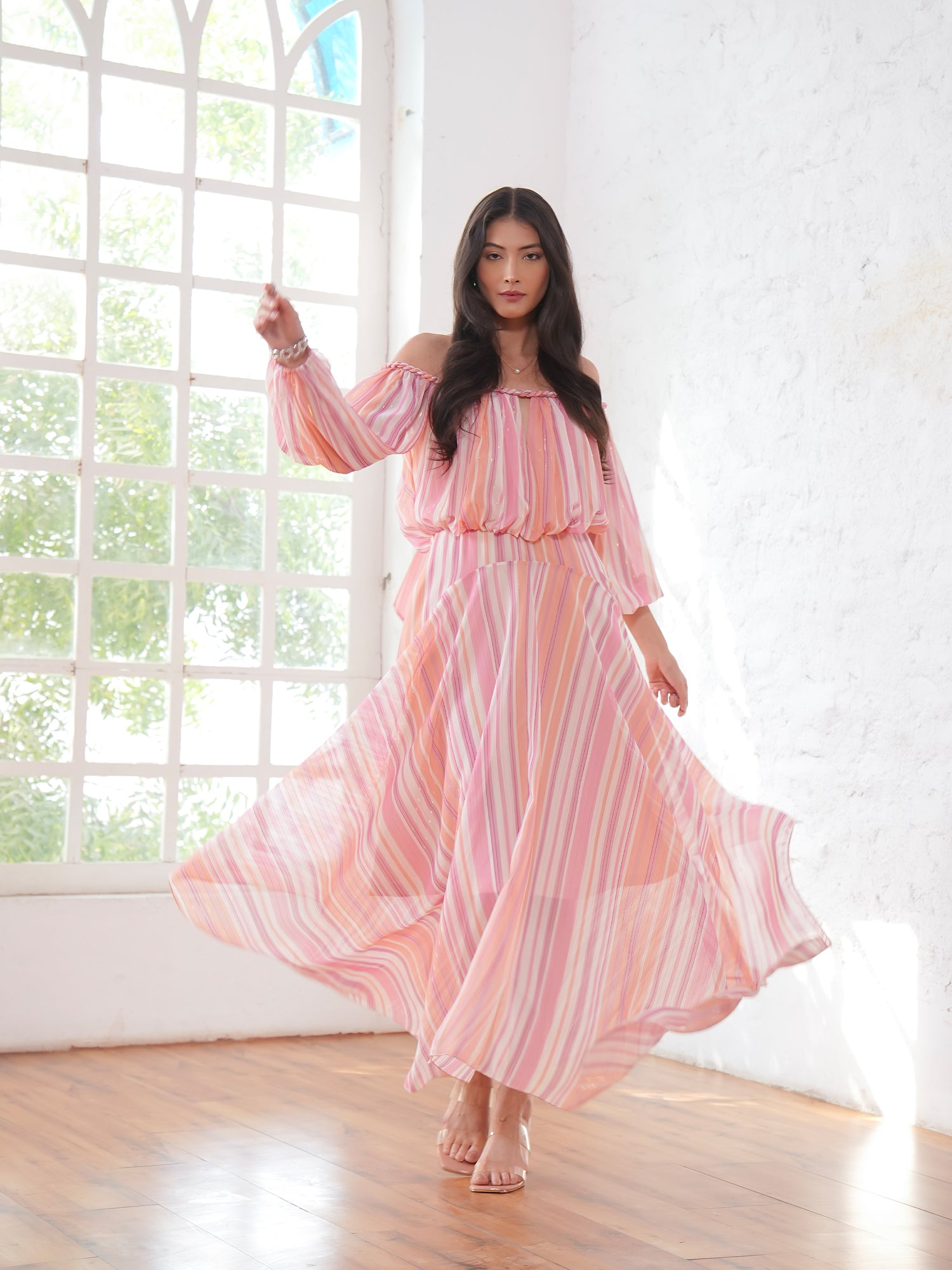 Lila Pink Coral Metallic Stripe Asymetric Haxi Dress