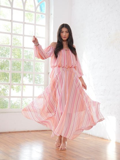 Lila Pink Coral Metallic Stripe Asymetric Haxi Dress