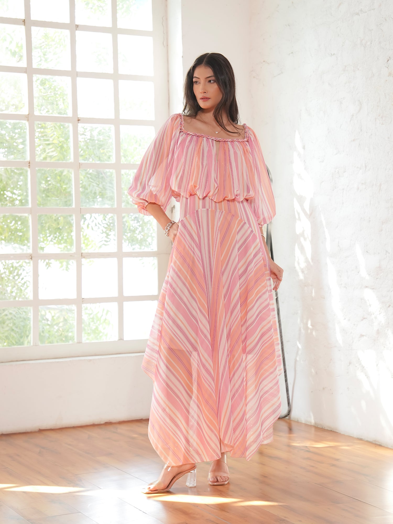 Lila Pink Coral Metallic Stripe Asymetric Haxi Dress