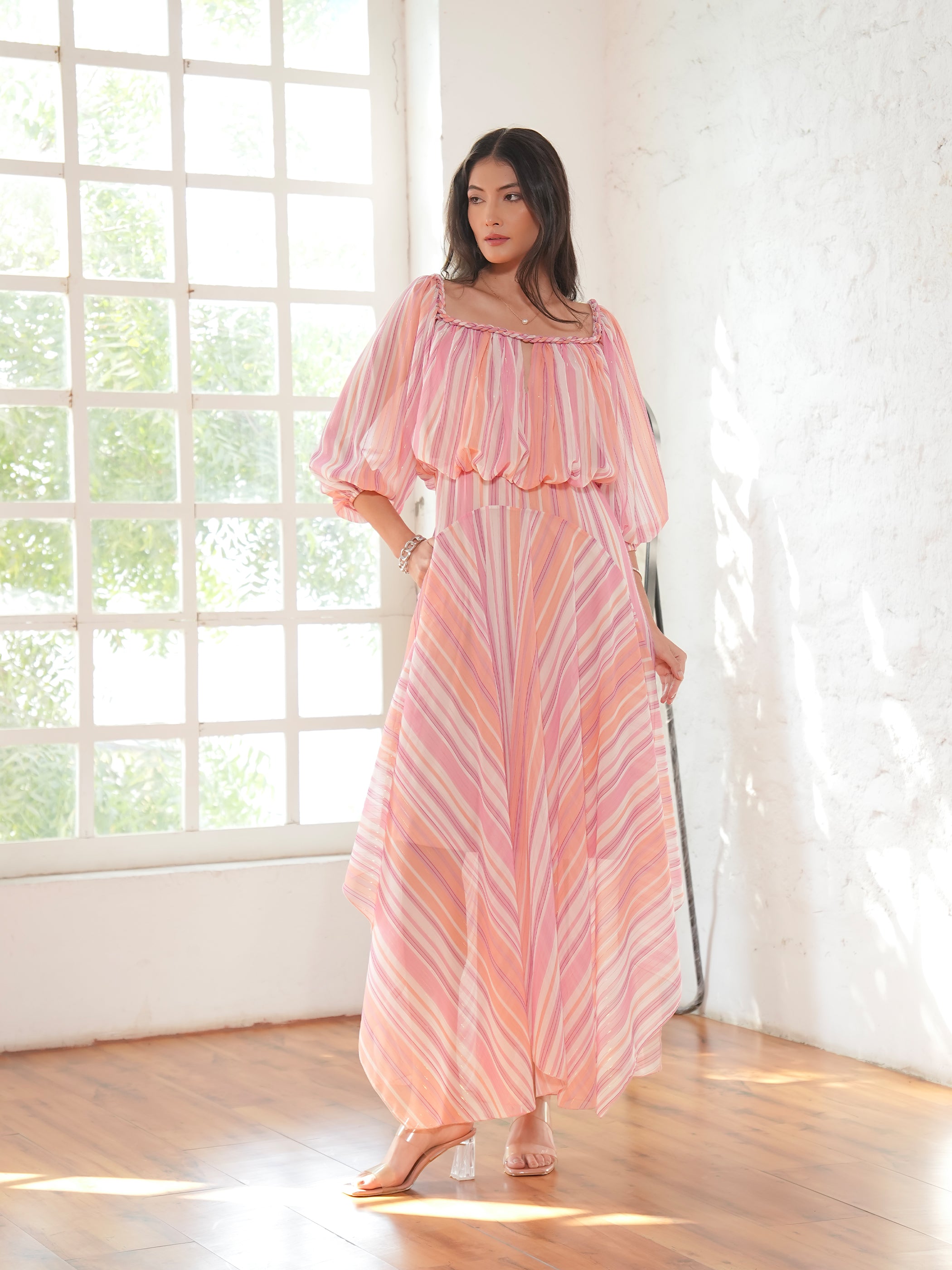Lila Pink Coral Metallic Stripe Asymetric Haxi Dress