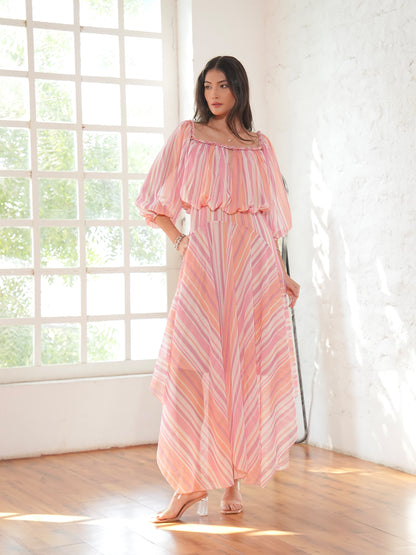 Lila Pink Coral Metallic Stripe Asymetric Haxi Dress