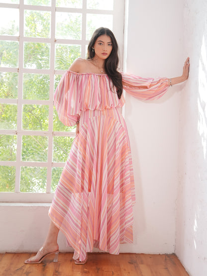 Lila Pink Coral Metallic Stripe Asymetric Haxi Dress