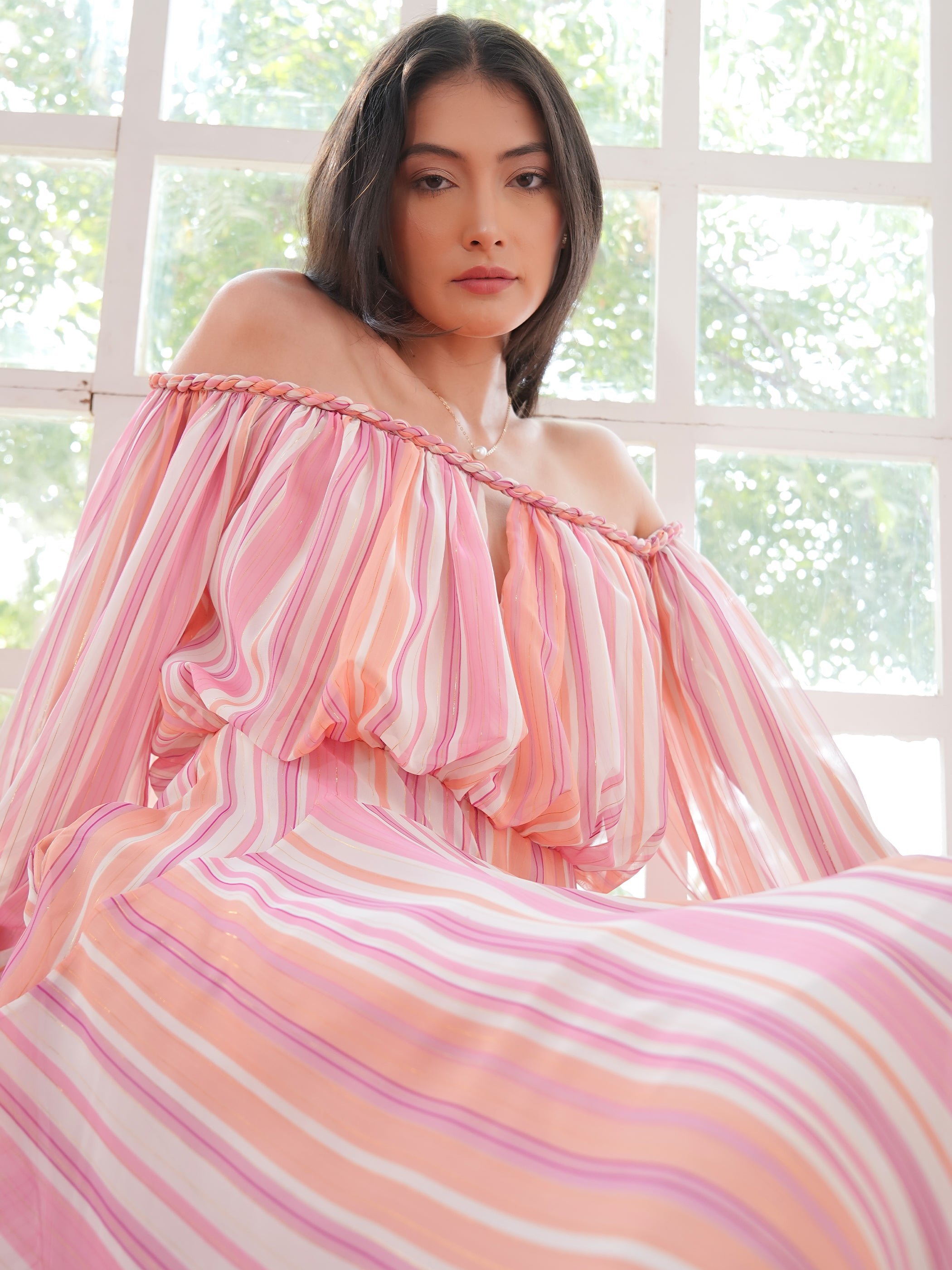 Lila Pink Coral Metallic Stripe Asymetric Haxi Dress