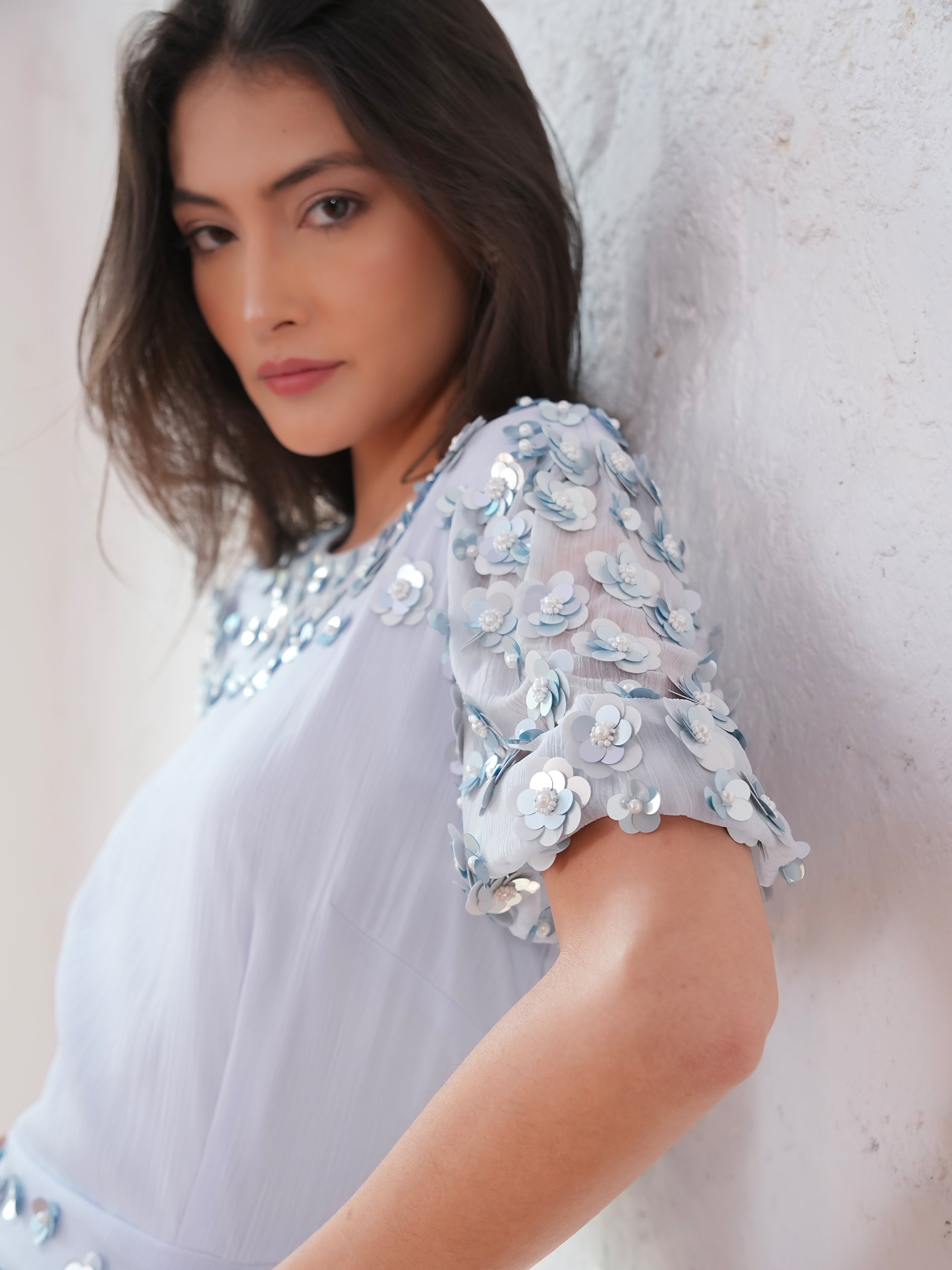 Morena Soft Blue Hand Embellished Midi Dress