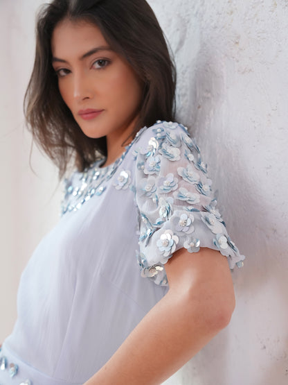 Morena Soft Blue Hand Embellished Midi Dress