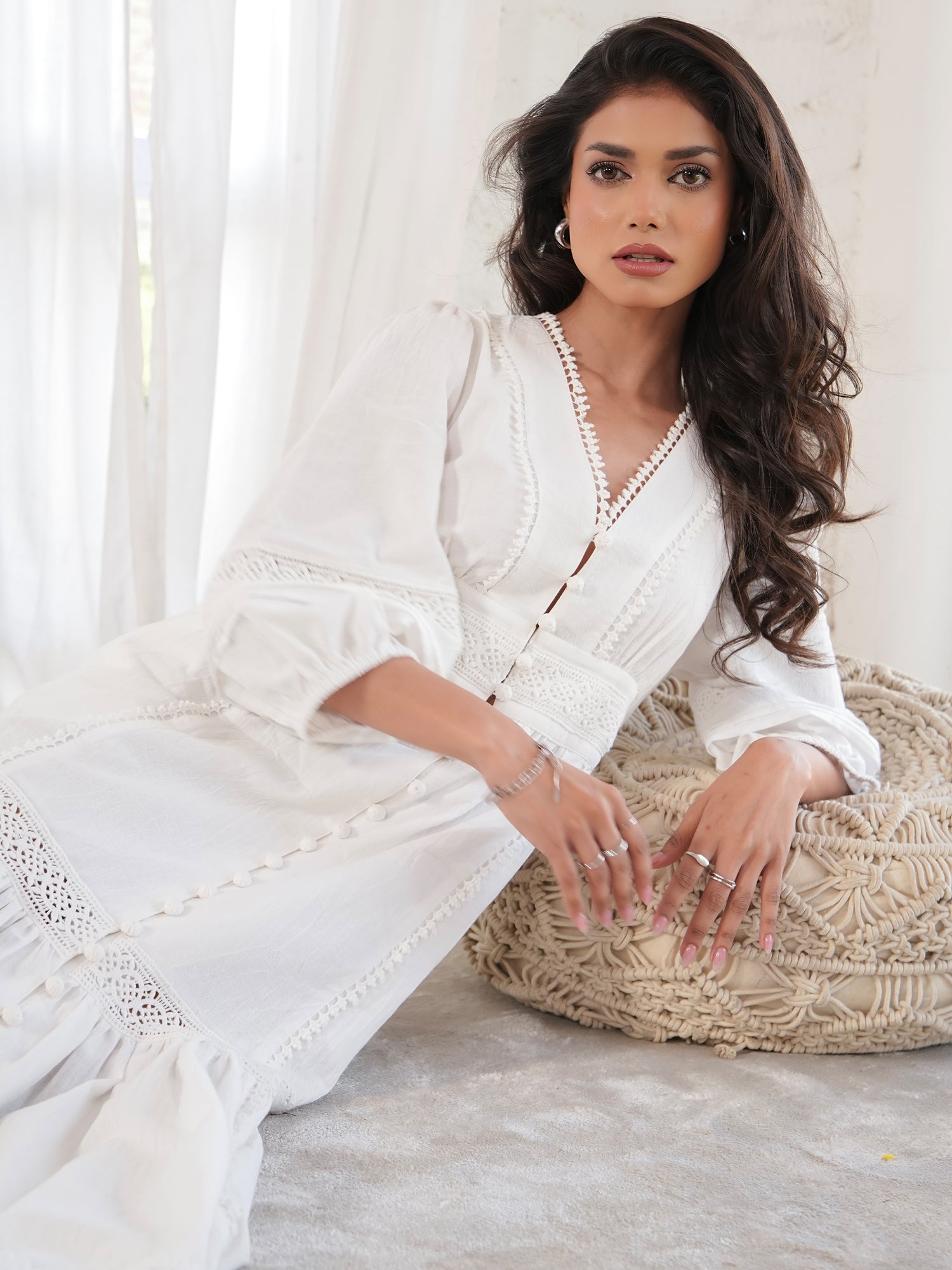 Ola Ivory Crochet Trim Linen Blend Midi Dress